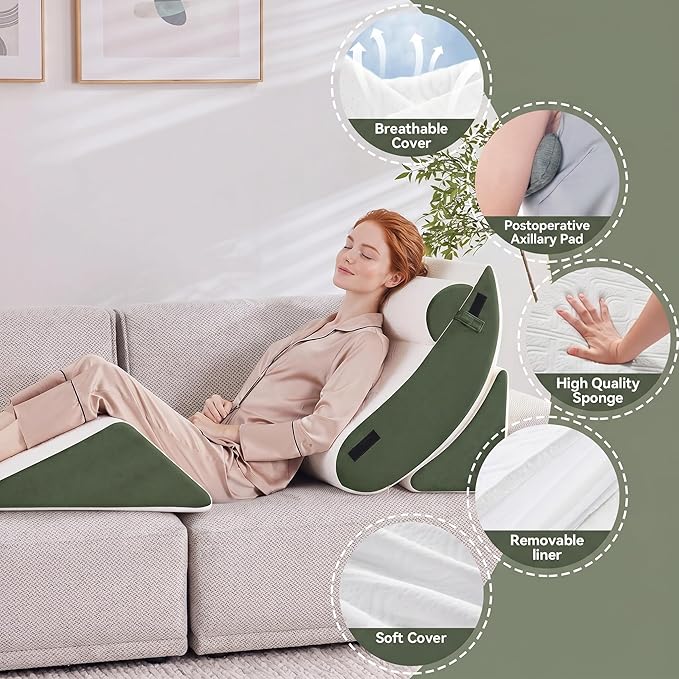 5PCS Wedge Pillow Set for After Surgery,Bed Orthopedic Pillow for Sleeping, Memory Foam Back Pillow for Pain Relief and Acid Reflux, Adjustable Sitting Up for Bed Post Surgery Pillow Green