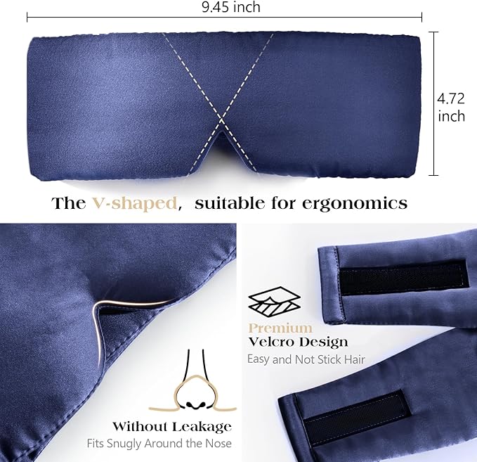 100% Natural Mulberry Silk Sleep Mask, Comfortable Soft for Deep Sleep, Blackout Effect, Wide Adjustable Band, Eye Mask for Women and Men. Ideal for Travel, Office, Daily(Navy Blue)
