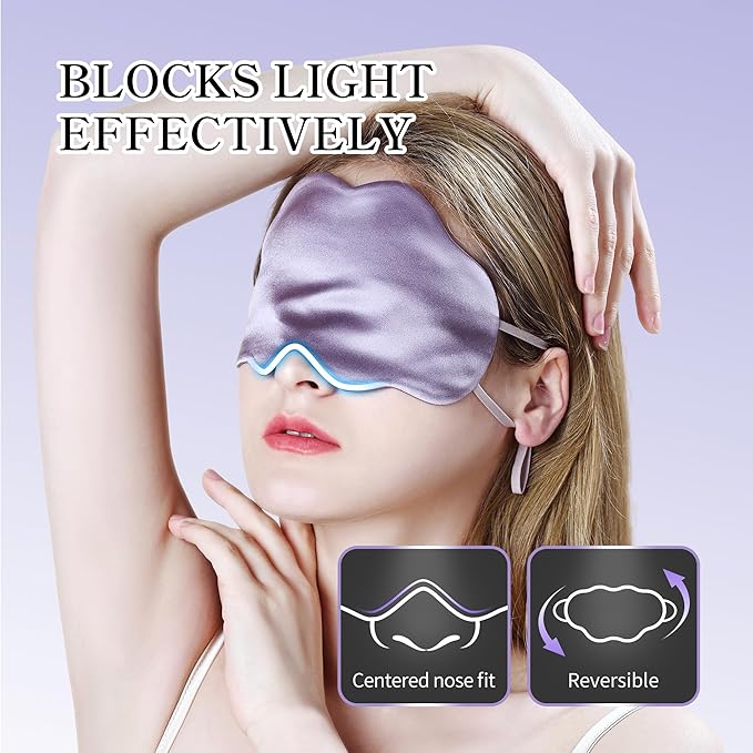 100% Pure Mulberry Silk Sleep Mask, 19 Momme Cloud Shape Blackout Eye Mask for Women/Toddlers, Adjustable Cooling Silk Eye Mask for Sleeping, Gifts for Her/Kids, Lavender