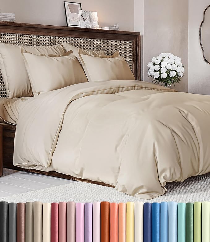 Duvet Cover Queen Size Set - Extra Soft Queen Duvet Cover 90" x 90" with 2 Pillow Shams - Hotel Luxury, Easy Care and Fade Free w/ Zipper Closures & Ties - All Season, Comfy, Cozy & Breathable (Wheat)