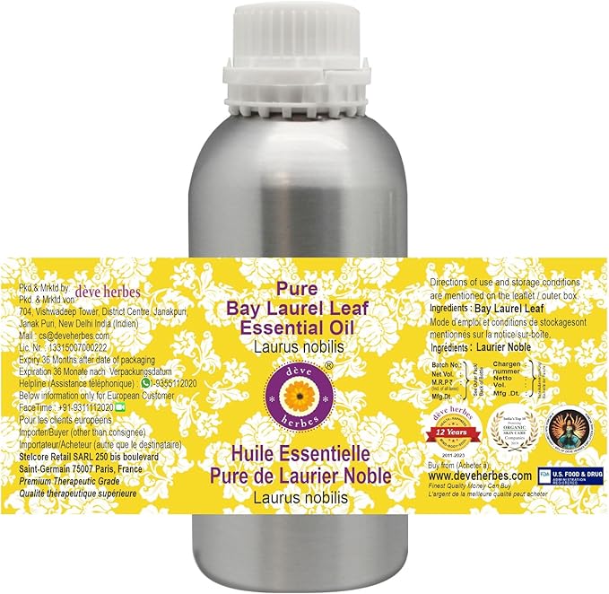Deve Herbes Pure Bay Laurel Leaf Essential Oil (Laurus nobilis) Steam Distilled 300ml (10 oz)