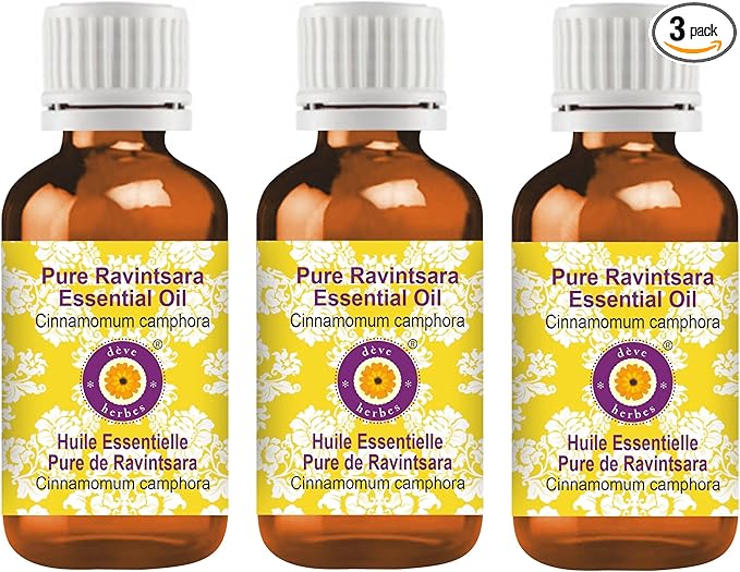 Deve Herbes Pure Ravintsara Essential Oil (Cinnamomum camphora) Steam Distilled (Pack of Three) 100ml X 3 (10 oz)