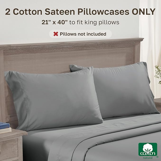 Luxuriously Soft Premium 600 Thread Count, 100% Cotton Set of 2 Cases, Crisp Pillow Cases King Size Set of 2, Fits King Pillows (Mist Grey)