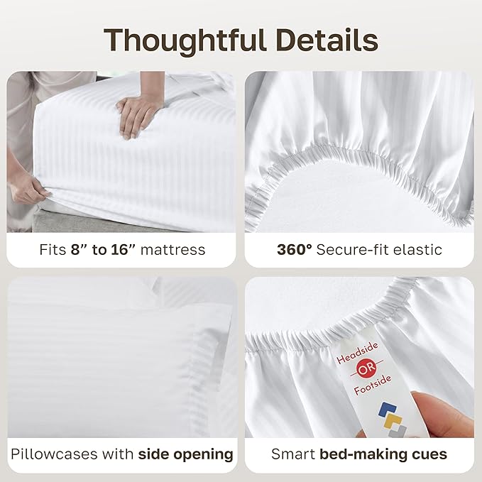 California Design Den Soft 100% Cotton Queen Sheet Set, 400 TC Good Housekeeping Award Winner, Silky Smooth Sateen Weave with Deep Pockets, Breathable and Durable Cotton Bedding Set - Striped White