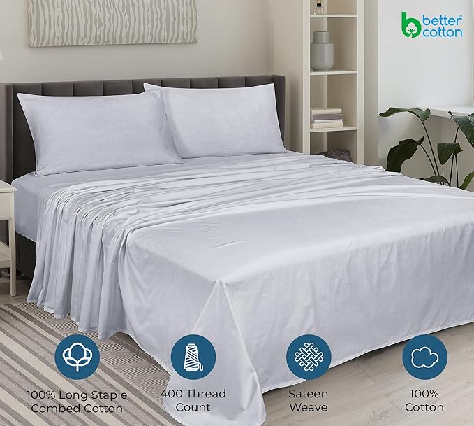 ROYALE LINENS 400 Thread Count 100% American Grown Cotton 4 Piece Sateen King Sheet Set - 1 Fitted Sheet, 1 Flat Sheet, 2 Pillow case - Silver King Bedsheet - Cotton Sheets - (King, Spanish Silver)