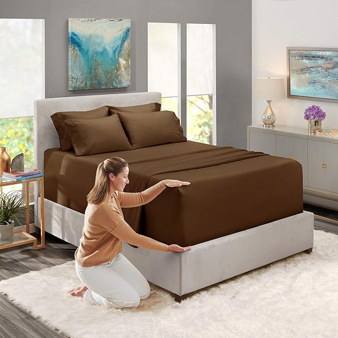 Hearth & Harbor Extra Deep Pocket King Size Sets - Fits Mattress 18-24 Inches Deep - Extra Deep Pocket Sheets - 6 Piece King Size - Brown