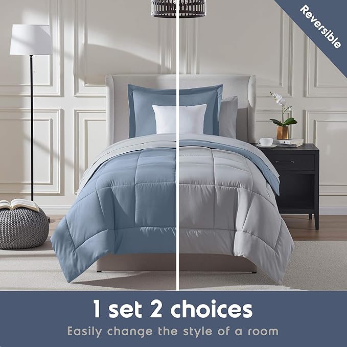 Nestl 7 Piece Twin Comforter Set – Stone Blue Reversible Bed in a Bag – Complete Twin Size Bedding Set with Sheets, Set of 2 Down Alternative Pillows, Pillowcase and Sham