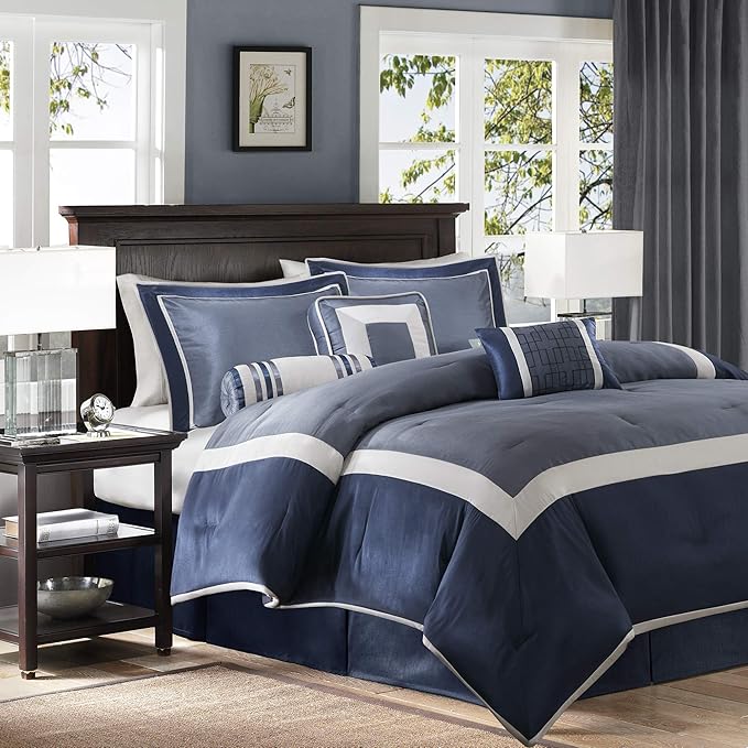 Madison Park Cozy Comforter Set-Deluxe Hotel Collection, All Season Down Alternative Luxury Bedding with Matching Shams, Decorative Pillows, Cal King(104"x92"), Genevieve, Navy 7 Piece