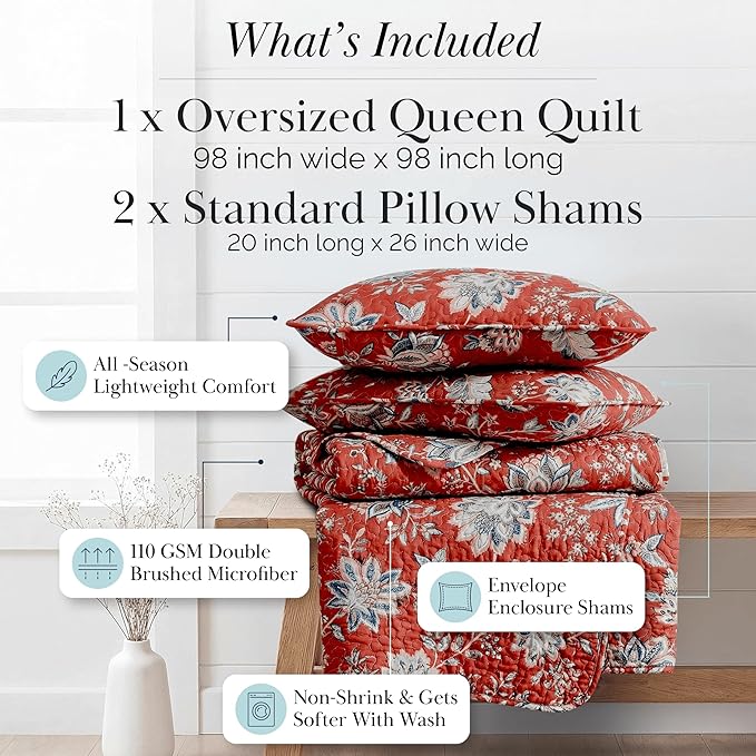 Southshore Fine Living, Inc. Oversized Full/Queen Quilt Bedding Set, Jacobean Willow Floral Quilt Set Queen or Full Size with 2 Matching Pillow Shams, Lightweight Bedspread, Soft and Cozy, Red
