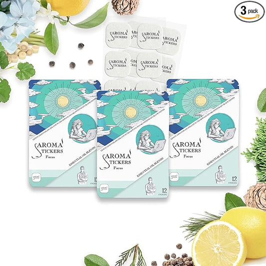 AROMA STICKERS® Original Blend Focus - 100% Natural Essential Oil Scented Sticker Diffuser - Aromatherapy for Personal Space - Face Mask & Pillow - (Pack of 3, 36 Stickers Total)