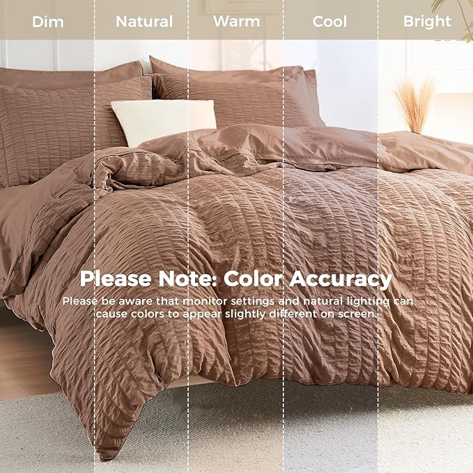 HYMOKEGE Mocha Mousse Full Size Comforter Sets Seersucker 7 Pieces, All Season Luxury Bed in a Bag for Bedroom, Bedding Set with Comforter, Sheets, Pillowcases & Shams