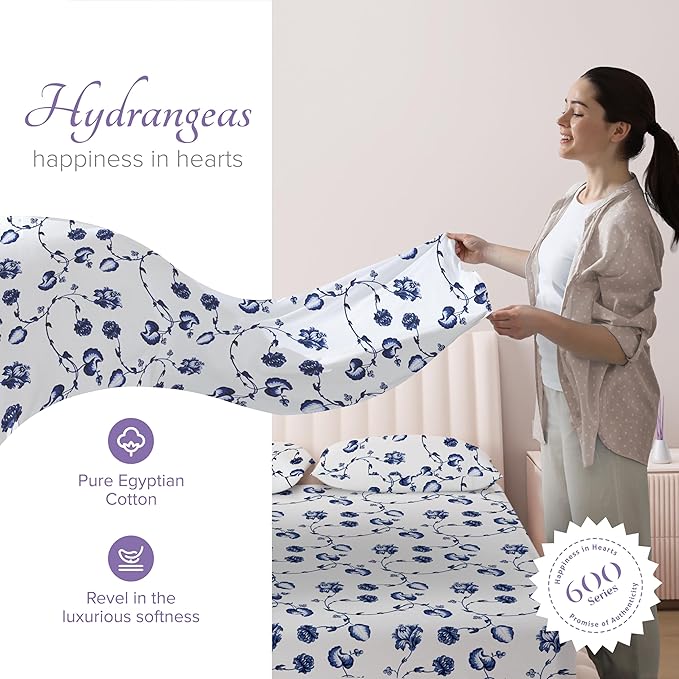 Carressa Linen 100% Egyptian Cotton King Size Sheets Set - 600 Series Hydrangeas Printed Egyptian Cotton Sheets King Size (4 PC, Floral Blue), 16" Deep Pocket Sateen Weave Luxury Bed Sheet