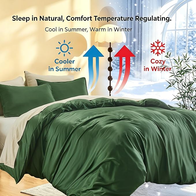 Simple&Opulence Cooling Duvet Cover Set Queen Size, 3 Pcs 100% Viscose Derived from Bamboo Hotel Luxury Silky Bedding, Breathable Soft Comforter Cover for Hot Sleeper with 2 Pillowcases(Olive Green)