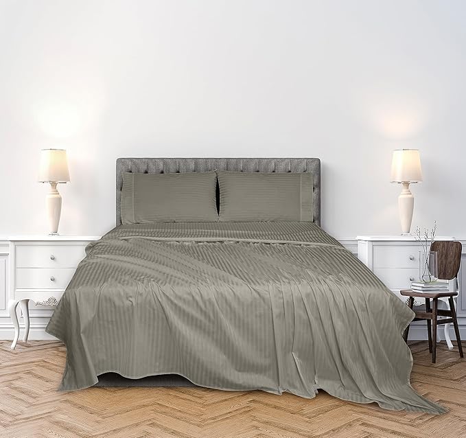 ROYALE LINENS 300 Thread Count 100% Long Staple Combed Cotton Striped Sheet Set - 3 Piece Twin Bed Sheets - 1 Fitted, 1 Flat & Pillow case -Soft Cool & Crisp Sheet Set (Twin, Stripe Silver)
