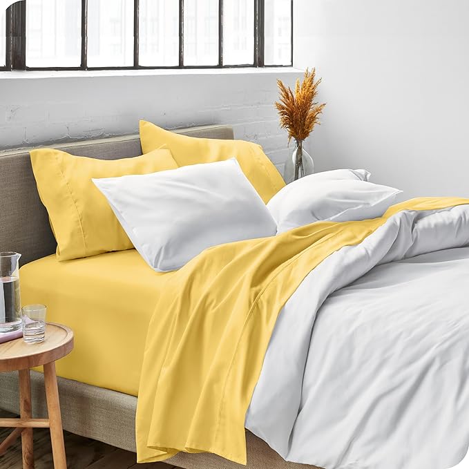 Bare Home Split Head Flex King Sheet Set - 1800 Ultra-Soft Microfiber Bed Sheets - Double Brushed - Deep Pockets - Easy Fit - 4 Piece Set - Bedding Sheets & Pillowcases (Lemon Drop)
