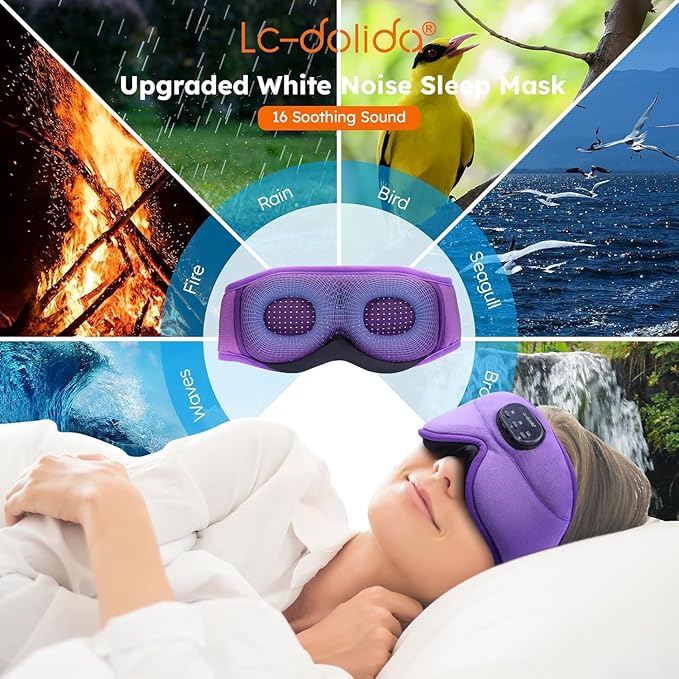 LC-dolida White Noise Sleep Mask, 3D Sleep Headphones with 16 Soothing Sounds, Bluetooth 5.4 Sleep Eye Mask with Timer, Total Blackout Sleeping Headphones for Side Sleeper (Purple)