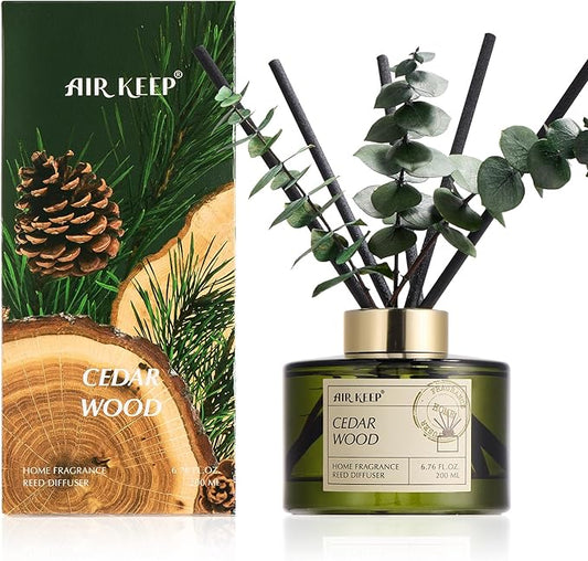 Airkeep Reed Diffuser Set with 6.76 fl oz Cedar Wood Scent Essential Oils and 3 Leaves & 8 Diffuser Sticks,Bathroom Shelf Decor & Air Freshener, House Bedroom Office Decor & Gifts