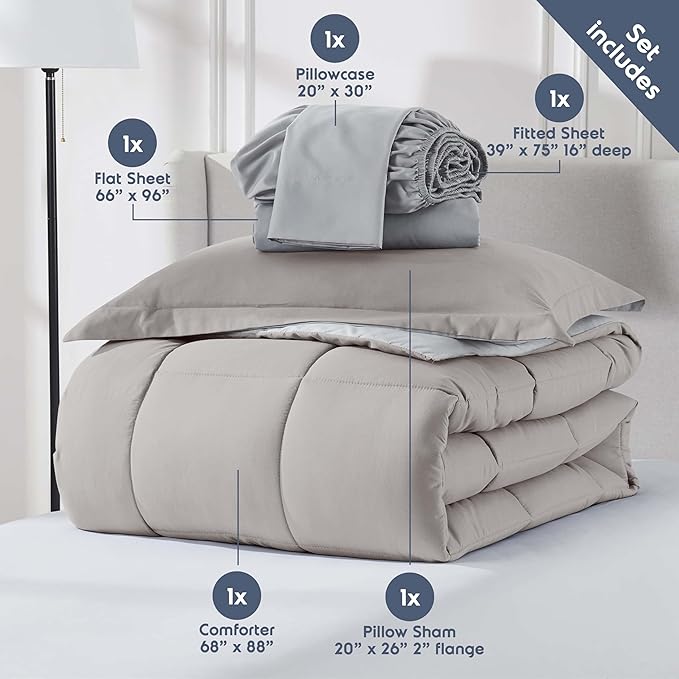 Nestl 7 Piece Twin Comforter Set – Linen Reversible Bed in a Bag – Complete Twin Size Bedding Set with Sheets, Set of 2 Down Alternative Pillows, Pillowcase and Sham