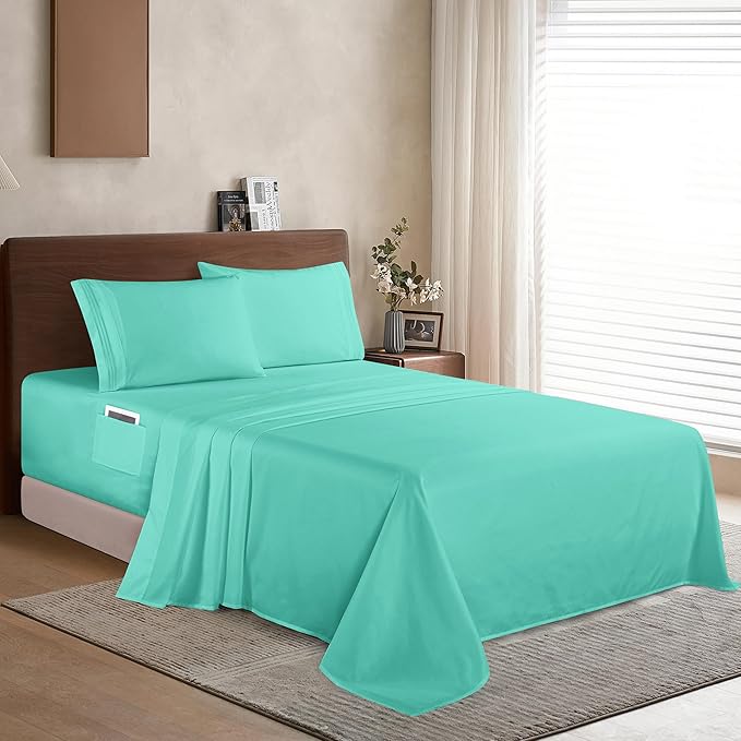Elegant Comfort Luxury 1500 Premium Hotel Quality Microfiber 4-Piece Sheet Set - Soft, All Around Elastic 18-24 Inches Deep Fitted Sheet - Extra Deep Pocket Sheets, Queen, Paradise Teal