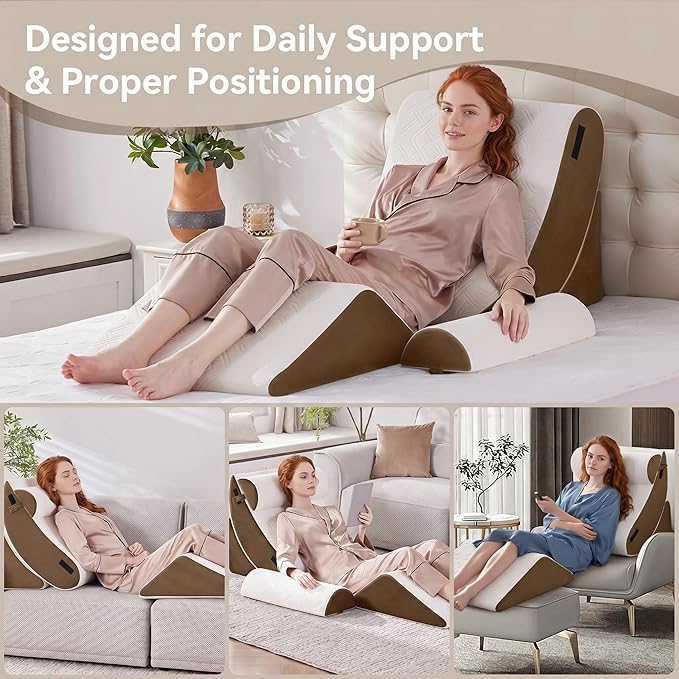 5PCS Wedge Pillow Set for After Surgery,Bed Orthopedic Pillow for Sleeping, Memory Foam Back Pillow for Pain Relief and Acid Reflux, Adjustable Sitting Up for Bed Post Surgery Pillow Brown