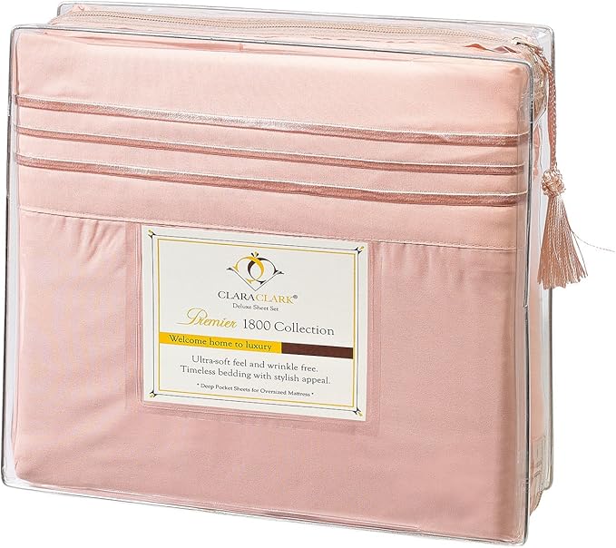 Clara Clark Bed Sheets, Premier 1800 Series 4 Piece Bed Sheet Set, Deep Pocket, Wrinkle, Fade, Stain Resistant, Luxury Soft Bedding Sheets & Pillowcases, California King, Peach