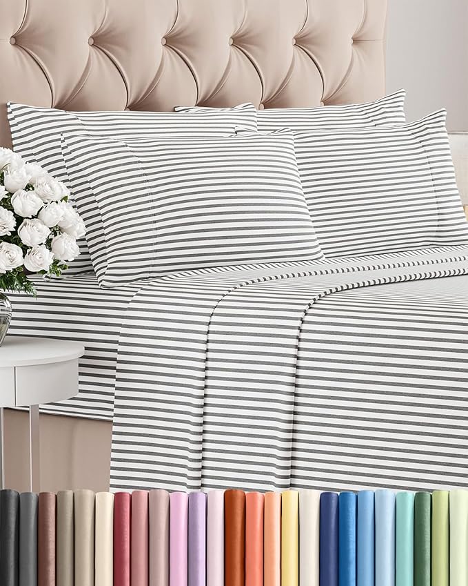 Cal King 6 Piece Sheet Set - Comfy, Breathable & Cooling - Soft Hotel Luxury Bedding for Women, Men, Kids, Teens & Children - 1 Flat & 1 Fitted Sheet & 4 Pillowcases w/ Deep Pockets - Grey Stripes 2