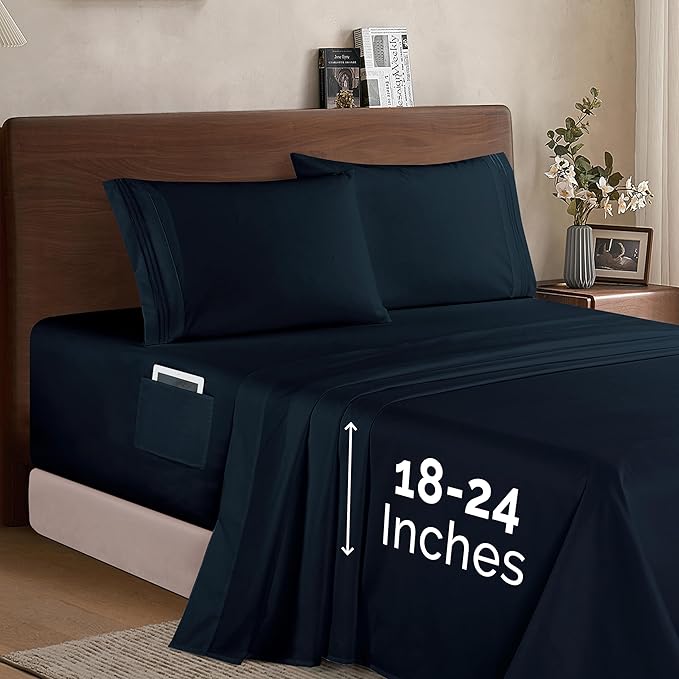 Elegant Comfort Luxury 1500 Premium Hotel Quality Microfiber 4-Piece Sheet Set - Soft, All Around Elastic 18-24 Inches Deep Fitted Sheet - Extra Deep Pocket Sheets, Queen, Black