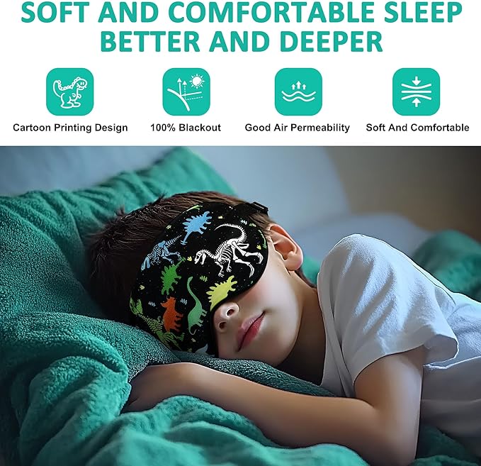 2 Pcs Sleep Mask,Cute Dinosaur World Blackout Sleeping Mask for Kids Teen,Funny Eye Mask with Adjustable Strap for Home Party Children's Travel Soft Eye Cover Blindfold (Black+Green)