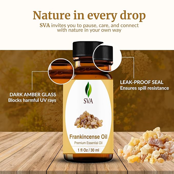 SVA Frankincense Essential Oil – 1 Fl Oz – 100% Natural Boswellia Carterii Oil - for Diffuser, Hair Care, Face, Skin Care, Aromatherapy, Scalp and Body Massage, Soap and Candle Making – with Dropper