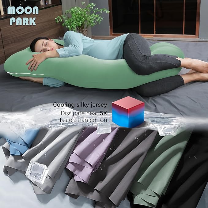 MOON PARK Pregnancy Pillows for Sleeping - U Shaped Full Body Maternity Pillow with Removable Cover - Support for Back, Legs, Belly, Hips - 57 Inch - Green - Cooling Cover