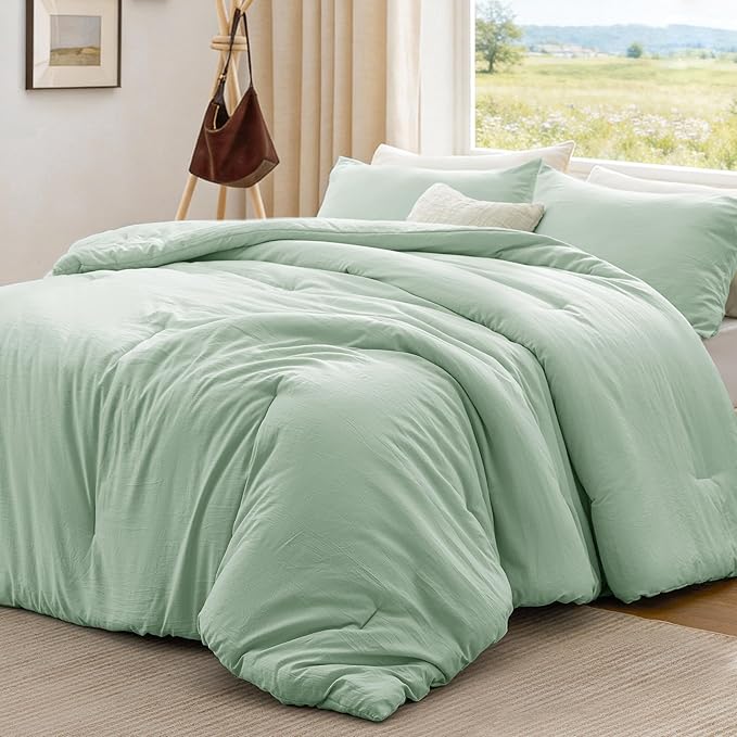 Love's cabin Full Size Comforter Set Light Green, 3-Piece 90% Polyester 10% Linen Blend Bedding Set, Linen-Look Textured Stripe, Down Alternative All-Season Comforter with Pillow Shams | Soft, Breathable, Lightweight