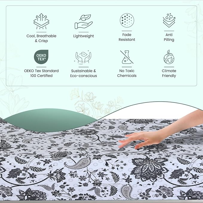 Feather & Stitch Softest 100% Cotton Sheets, 300 Thread Count Percale Weave Bedding, 16" Deep Pocket, Cooling Sheets, Breathable Bed Set, Hotel Premium Quality (Twin, Grey Floral Paisley)