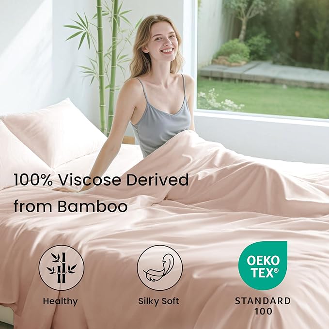 Love's cabin 4 Piece Full Size Sheet Set, 100% Rayon Derived from Bamboo, Cooling & Breathable, Soft Silky Deep Pocket up to 16", Hotel Luxury Bedding for Hot Sleepers, Pink