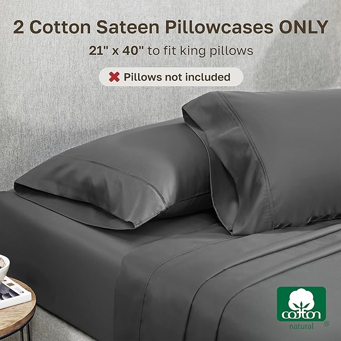California Design Den King Size Pillowcase Set - 400 Thread Count, 100% Cotton Sateen, Set of 2 Pillow Covers, Soft and Breathable - Grey