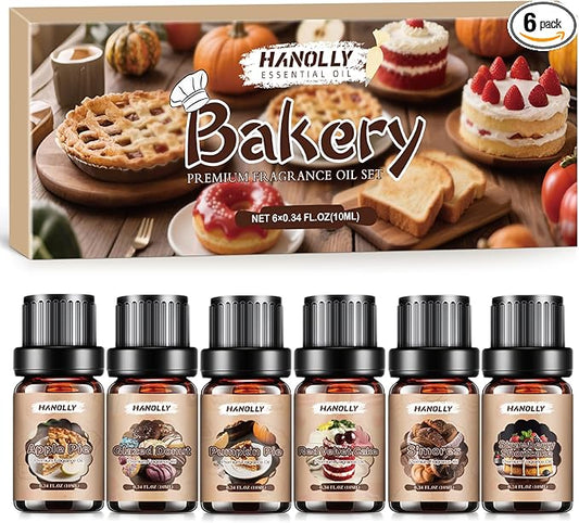 Bakery Essential Oils Set，Premium Fragrance Oil for Diffusers, Scented Oils for Soap & Candle Making, Pumpkin Pie, Apple Pie, S'Mores, Red Velvet Cake, Strawberry Shortcake,Glazed Donut