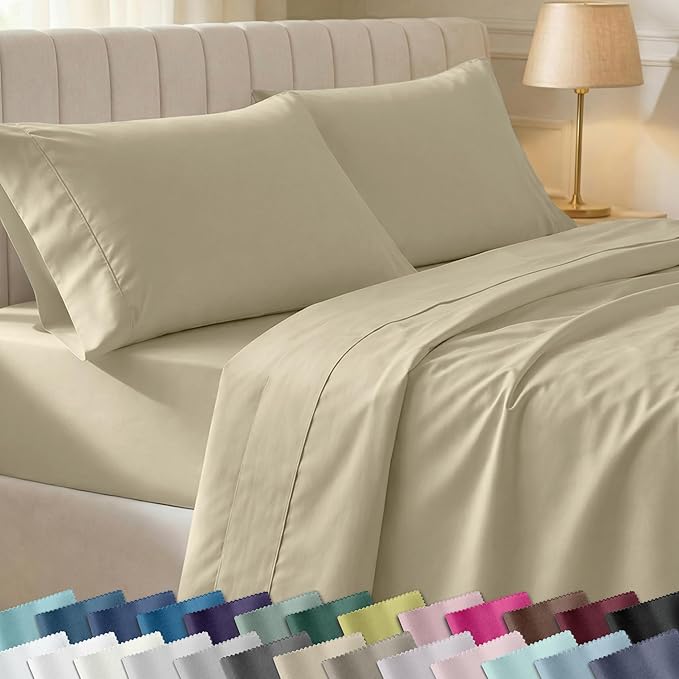 California Design Den 6 Piece King Size Sheets Set with 4 Pillowcases - Soft 400 Thread Count Sateen, 100% Cotton Sheets King Size with Deep Pockets, Durable Bedding Set - Beige (Golden Tone)