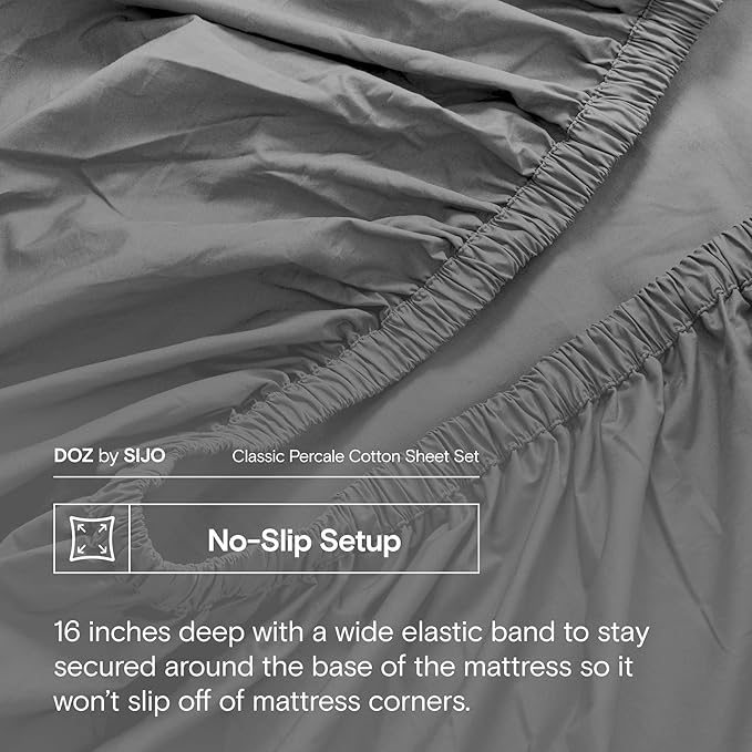 DOZ 100% Long Staple Cotton Sheet Sets, Classic Crisp Percale Weave, Breathable, Matte Finish, Hotel Style, Durable, 4pc – 2 Pillowcases 1 Fitted 1 Flat (Storm, King)