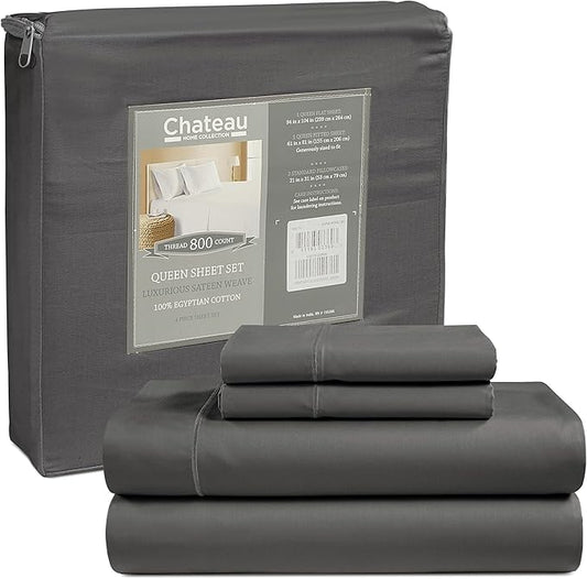 800 Thread Count Egyptian Cotton Sheets Full Sheet Set 15" Deep Pocket, 100% Cotton Bed Sheets Sateen Weave Full Size Set, Soft & Comfy, Breathable Elasticated Sheet & Pillowcase Sets - Charcoal