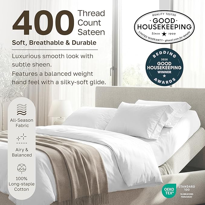 California Design Den Soft 100% Cotton Split King Sheet Set, 400 TC Good Housekeeping Award Winner, Silky Smooth Sateen Weave with Deep Pockets, Breathable and Durable Cotton Bedding Set - White