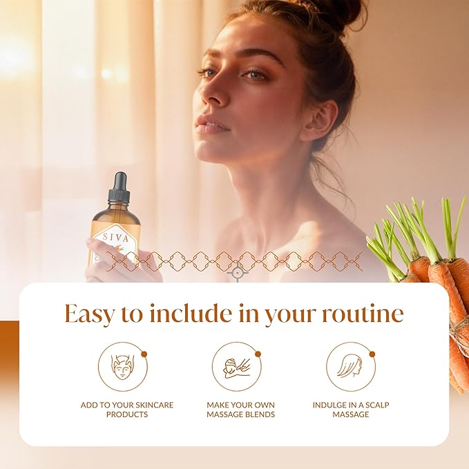 Siva Carrot Seed Oil 4oz (118ml) Premium Cold-Pressed 100% Natural Carrier Oil with Dropper for Face, Skin Care, Body Massage, Hair Care, Hair Oiling & Scalp Massage