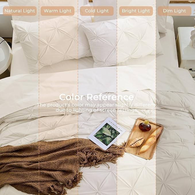 Sasttie California King Comforter Set, 7-Piece Bed in a Bag Cal King, Pintuck Bedding Set for All Season, Includes Comforter, Flat Sheet, Fitted Sheet, Pillowcases and Pillowshams, Beige