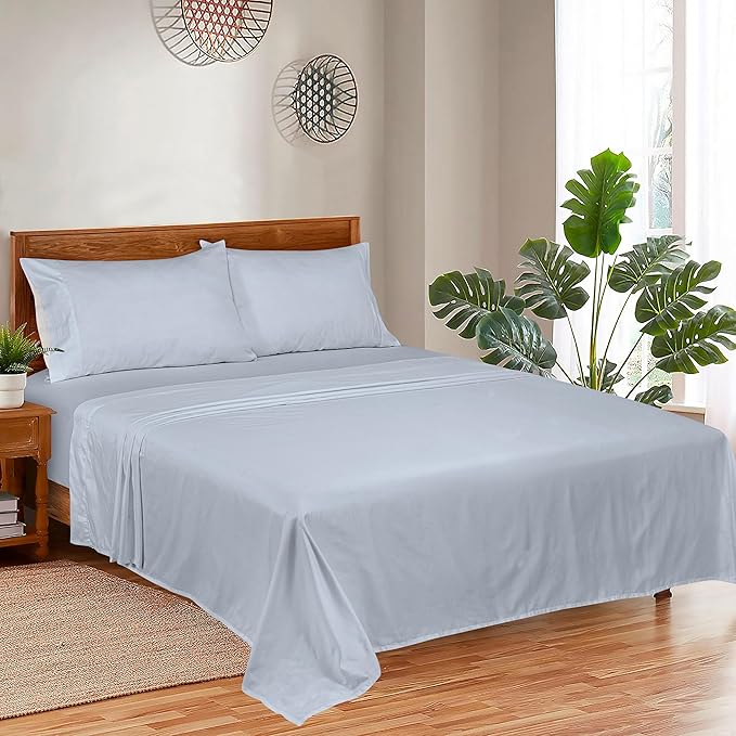 ROYALE LINENS 300 Thread Count 100% Long Staple Combed Cotton Sheet Set - 4 Piece Queen Bed Sheets - 1 Fitted, 1 Flat & 2 Pillow Cases - Soft Cool & Crisp Sheet Set (Queen, Sky Blue)