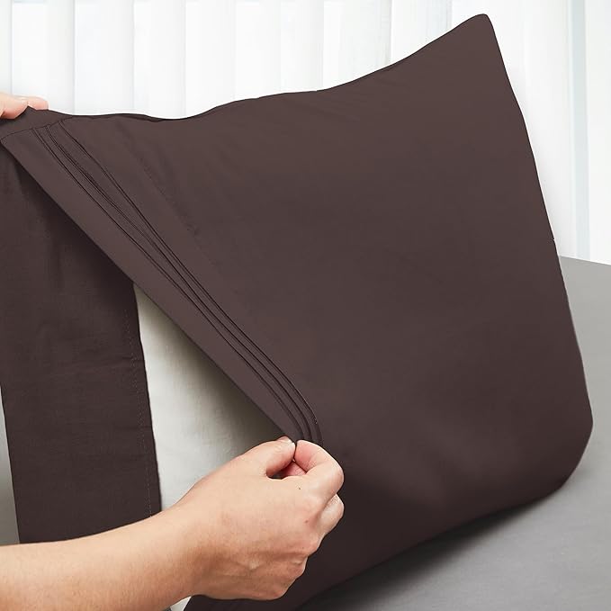 Mocassi 2-Piece Premium Standard/Queen Pillowcase Set 1800 Series Hotel Quality Microfiber - Soft and Breathable with 3-Line Embroidery Wrinkle and Stain Resistant, Easy Care, 20" x 30", Brown