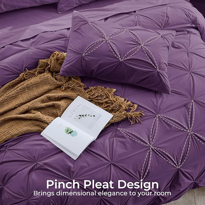 Sasttie Full Size Comforter Set, 7-Piece Bed in a Bag Double, Pintuck Bedding Set for All Season, Includes Comforter, Flat Sheet, Fitted Sheet, Pillowcases and Pillowshams, Grape Purple