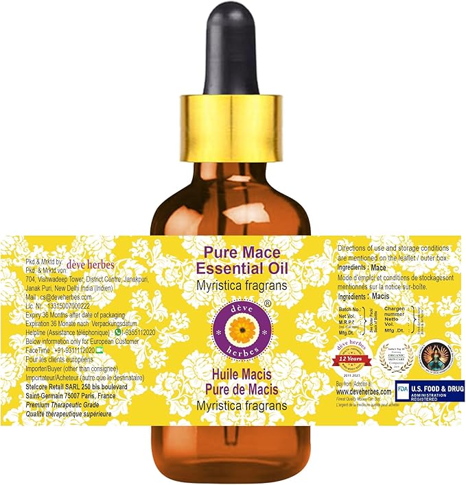 Deve Herbes Pure Mace Essential Oil (Myristica fragrans) with Glass Dropper Steam Distilled (Pack of Two) 100ml X 2 (6.76 oz)