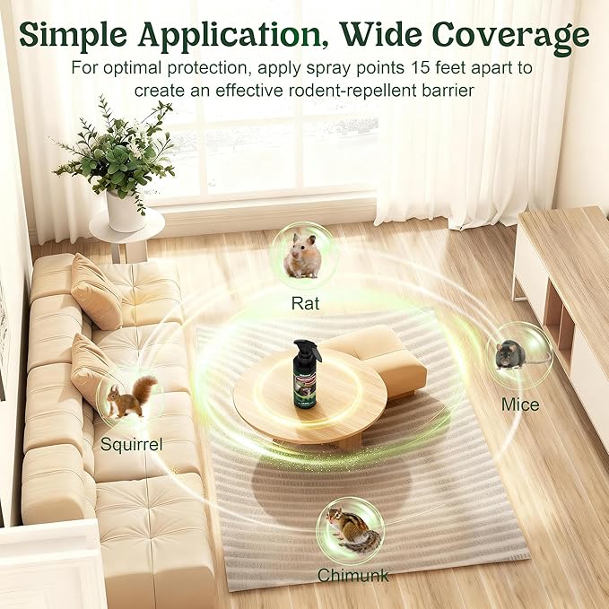 Peppermint Oil Spray for Rodents-Rodent Repellent for Car Engines,Repel Mouse/Mice/Squirrel for Indoor&Outdoor,Natural&Plant Based,300ml