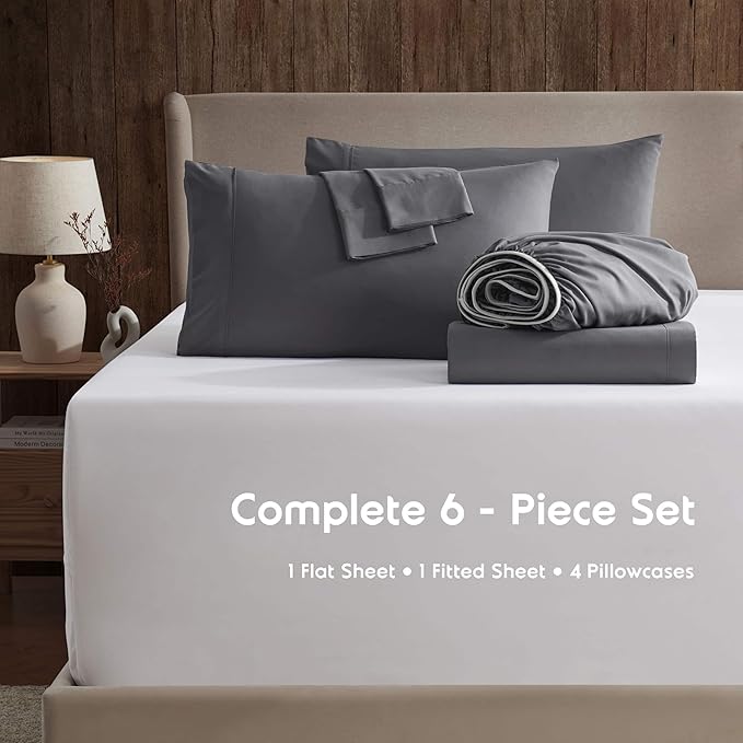 Nestl Extra Deep Pocket Queen Sheet Set - 6 Piece Breathable & Cooling Sheets - Hotel Luxury Bedding Set w/18-24 Inch Deep Pockets - Easy & Secure Fit - Super Soft, Wrinkle Free & Comfy - Dark Gray