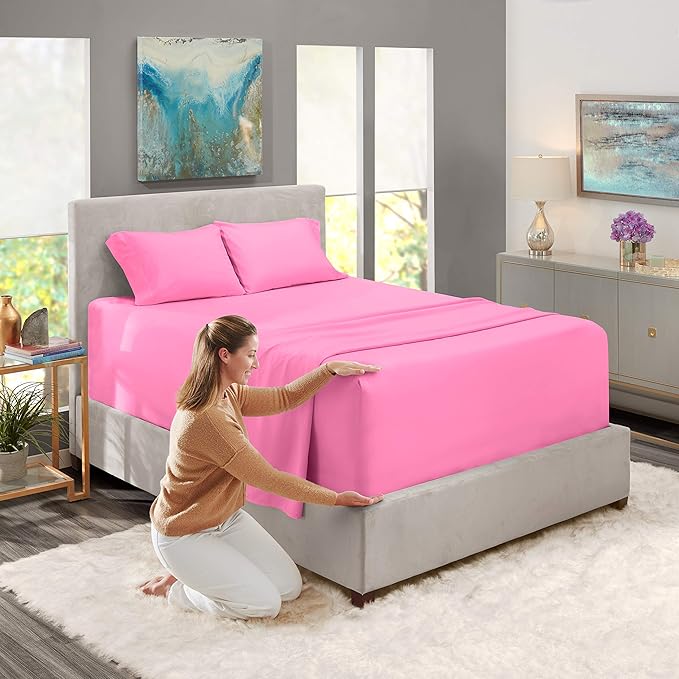 Nestl Bed Linen Set, Full Size, Deep Pocket, 4 Piece, Light Pink, Microfiber