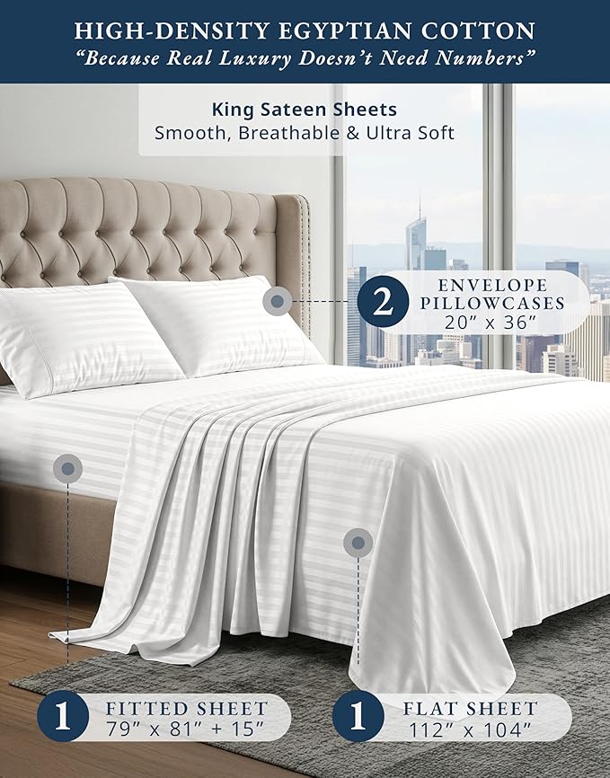 LANE LINEN Striped Sheets Set - 100% Egyptian Cotton 4 Piece Bed for King Size Hotel Bedding & Pillowcases 16" Deep Pocket (Fits Upto 17" Mattress) White