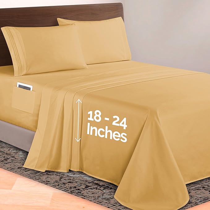 Elegant Comfort Luxurious 1500 Premium Hotel Quality Microfiber 4-Piece Sheet Set, 18-24 Inches Deep - Extra Deep Pocket Sheets - Ultra Soft 4PC Deep Pocket Sheets, Twin/Twin XL, Camel-Gold